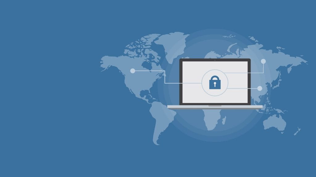Laptop with a locker on the screen, connecting different regions in the world