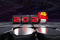 Four futuristic digital cubes have one number on each of them for the current year, 2, 0, 2 and 3. The final cube is red, and is turning over to also show the number 4, representing the upcoming New Year’s Eve.