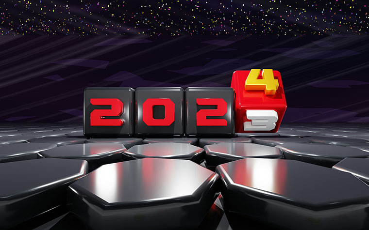 Four futuristic digital cubes have one number on each of them for the current year, 2, 0, 2 and 3. The final cube is red, and is turning over to also show the number 4, representing the upcoming New Year’s Eve. 