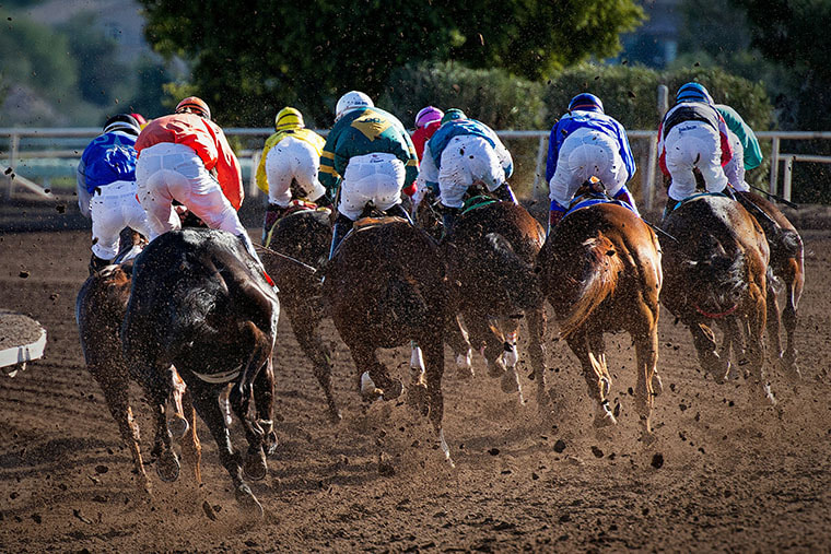 Ten horses are racing fast and close together on a brown dirt track. Soil flies through the air. The jockeys are colourfully dressed. 